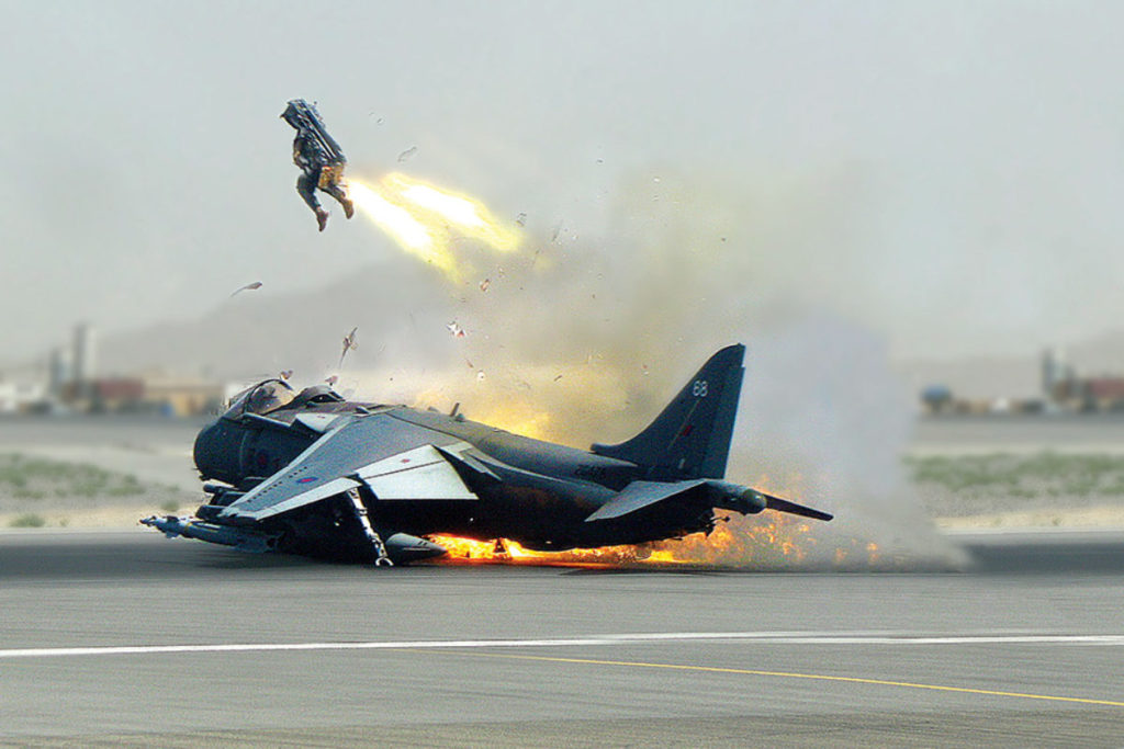 Nick of Time. A British pilot exits his crash-landing Harrier jump jet at Kandahar, Afghanistan, in May 2009.  (Martin-Baker)